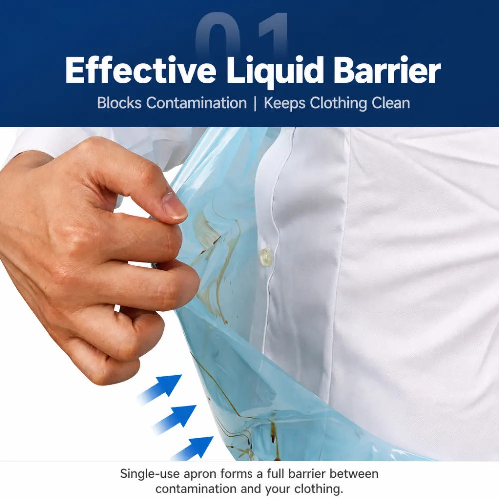 Close view of white PE apron film holding back liquid from a shirt