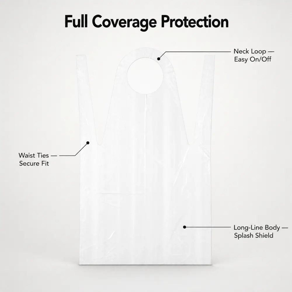 White PE apron with labelled neck loop, waist ties and long-line body