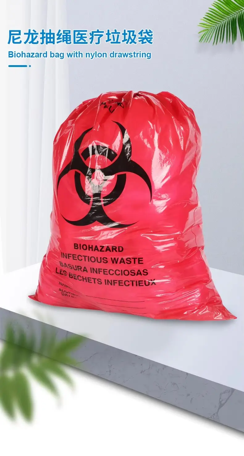 Red drawstring biohazard bag holding used syringes in a clinical collection setting