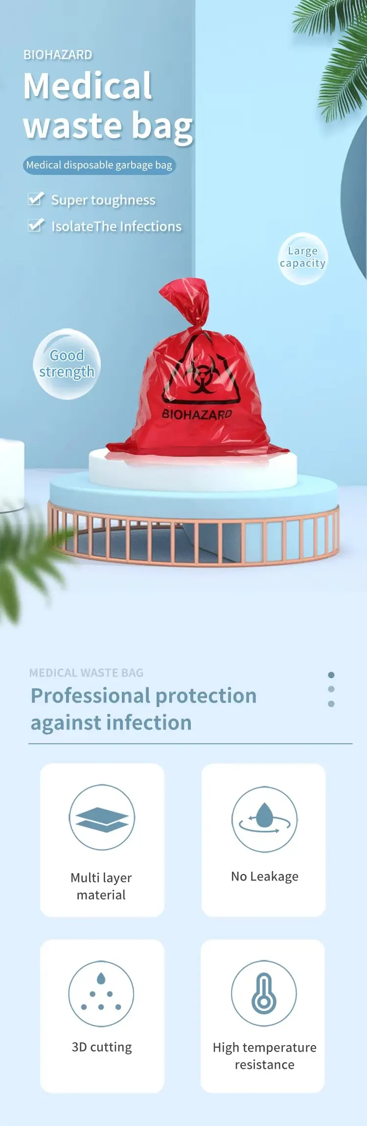 红色系带生物危害废物袋，已装满并系紧，印有生物危害符号和警示文字